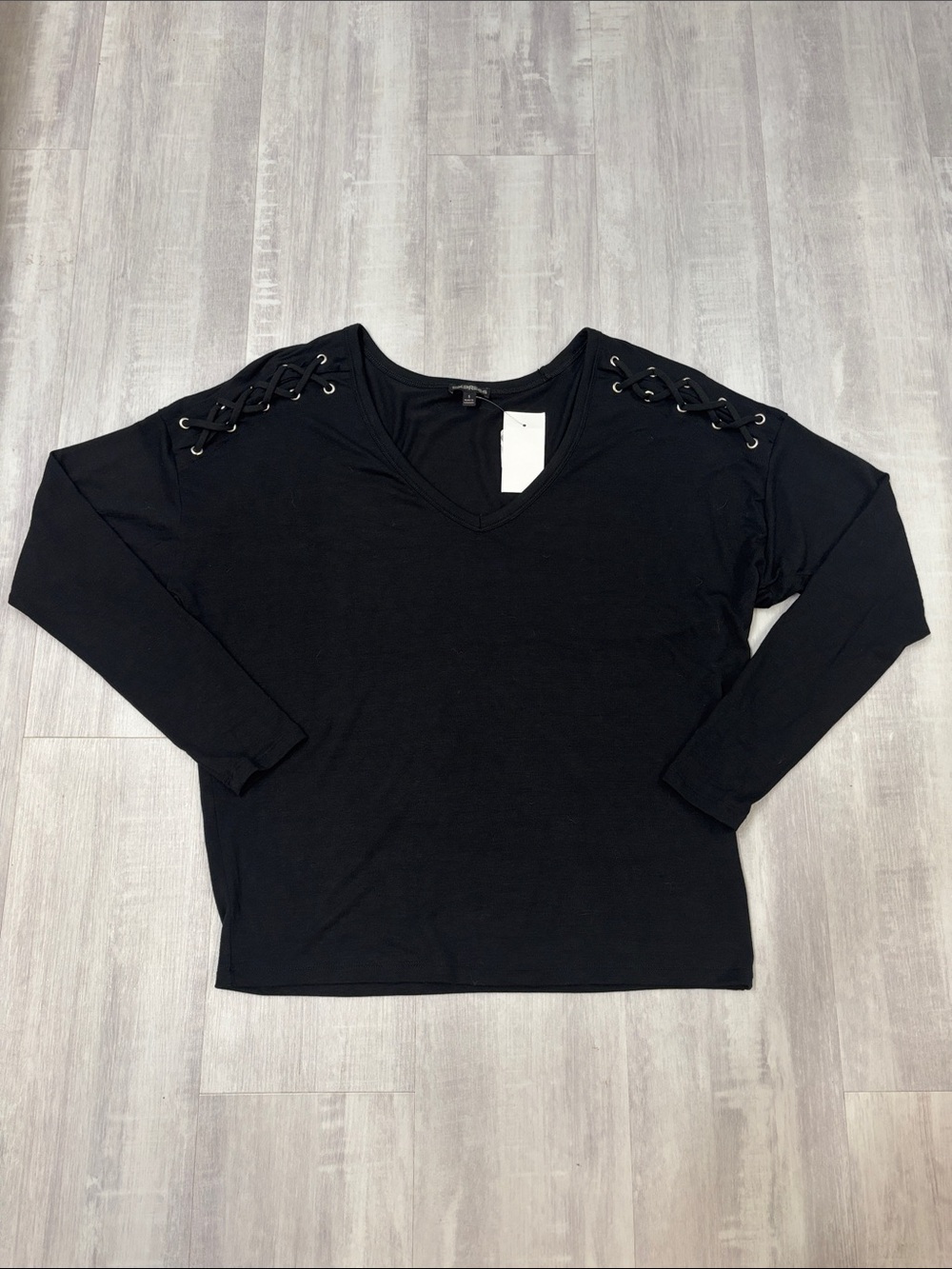 Express Black Lace-Up Shoulder V-Neck Long Sleeve Top